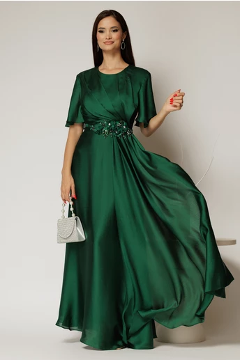 Rochie lunga verde de seara din voal  cu accesoriu in talie