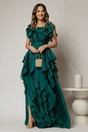 Rochie lunga verde de seara din voal cu volanase, 1, dyfashion.ro