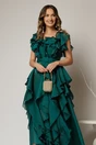 Rochie lunga verde de seara din voal cu volanase, 3, dyfashion.ro