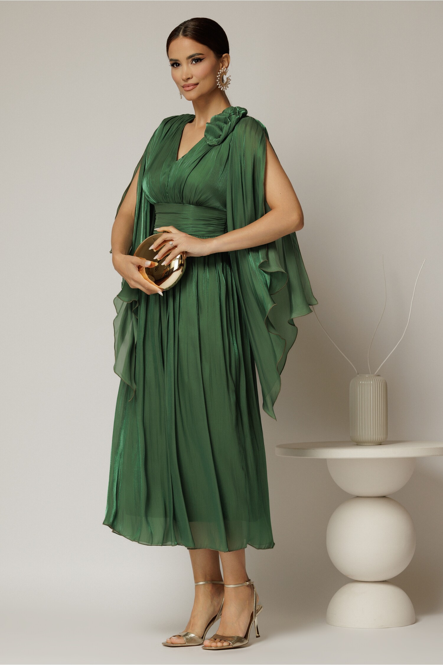 Rochie lunga verde de seara din voal peliculizat