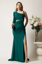 Rochie lunga verde din lycra cu strasuri si fronseu pe talie, 1, dyfashion.ro