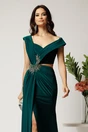 Rochie lunga verde din lycra mulata cu tull transparent si strasuri in talie, 3, dyfashion.ro