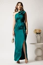 Rochie lunga verde din satin cu floare pe umar si fusta petrecuta- Moze, 1, dyfashion.ro