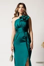 Rochie lunga verde din satin cu floare pe umar si fusta petrecuta- Moze, 3, dyfashion.ro