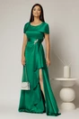 Rochie lunga verde din satin cu slit pe picior si aplicatie pe talie, 1, dyfashion.ro