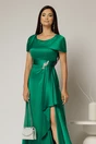 Rochie lunga verde din satin cu slit pe picior si aplicatie pe talie, 3, dyfashion.ro