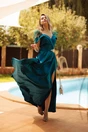 Rochie lunga verde din tafta cu accesoriu in talie si pene la umeri, 4, dyfashion.ro