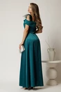 Rochie lunga verde din tafta cu accesoriu in talie si pene la umeri, 2, dyfashion.ro
