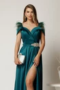 Rochie lunga verde din tafta cu accesoriu in talie si pene la umeri, 3, dyfashion.ro