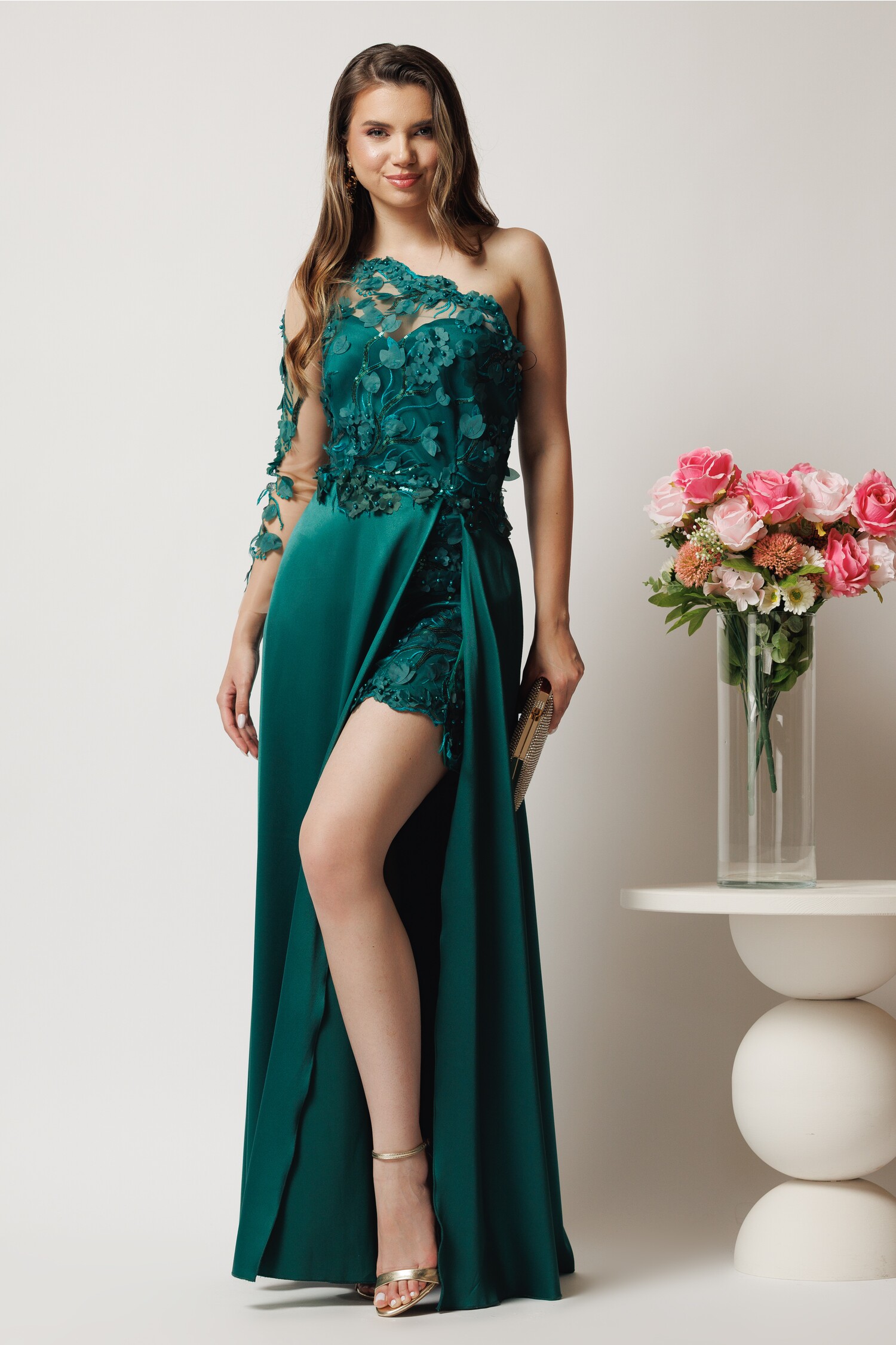 Rochie lunga verde din tafta si dantela cu crapatura maxi- Ella Collection Pamela