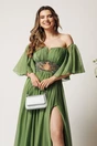 Rochie lunga verde din voal in clos cu strasuri si tull in talie, 3, dyfashion.ro