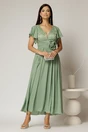 Rochie lunga verde fistic de ocazie cu broderie la bust si detaliu in talie, 1, dyfashion.ro