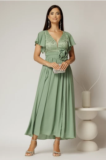 Rochie lunga verde fistic de ocazie cu broderie la bust si detaliu in talie