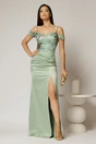 Rochie lunga verde fistic de ocazie din taftasi paiete, 1, dyfashion.ro