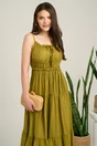 Rochie lunga verde lime din tencel creponat in clos cu ciucuri la bust, 4, dyfashion.ro