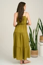 Rochie lunga verde lime din tencel creponat in clos cu ciucuri la bust, 2, dyfashion.ro