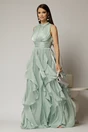Rochie lunga verde menta de seara cu volanase din voal peliculizat, 1, dyfashion.ro