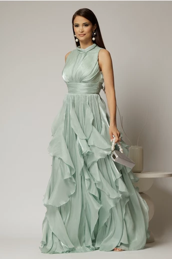 Rochie lunga verde menta de seara cu volanase din voal peliculizat