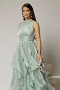 Rochie lunga verde menta de seara cu volanase din voal peliculizat, 3, dyfashion.ro