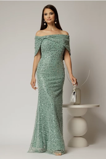 Rochie lunga verde menta de seara din dantela cu perle si paiete