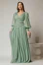 Rochie lunga verde menta de seara din tull cu corset cu strassuri aplicate, 1, dyfashion.ro