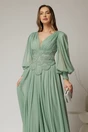 Rochie lunga verde menta de seara din tull cu corset cu strassuri aplicate, 3, dyfashion.ro