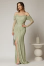 Rochie lunga verde mint de seara tip sirena din dantela si decolteu accesorizat, 1, dyfashion.ro