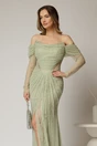 Rochie lunga verde mint de seara tip sirena din dantela si decolteu accesorizat, 3, dyfashion.ro