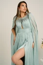 Rochie lunga verde mint din voal cu maneci ample si strasuri la decolteu, 4, dyfashion.ro