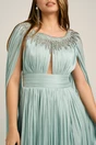Rochie lunga verde mint din voal cu maneci ample si strasuri la decolteu, 3, dyfashion.ro
