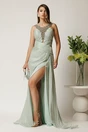 Rochie lunga verde mint din voal cu reflexii si strasuri la decolteu, 1, dyfashion.ro