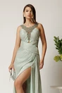 Rochie lunga verde mint din voal cu reflexii si strasuri la decolteu, 3, dyfashion.ro