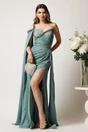 Rochie lunga verde mint din voal satinat cu strasuri pe bust si talie, 1, dyfashion.ro