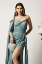 Rochie lunga verde mint din voal satinat cu strasuri pe bust si talie, 2, dyfashion.ro