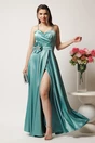 Rochie lunga verde mint in clos din tafta cu fusta petrecuta si crapatura- LaDonna, 1, dyfashion.ro