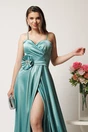 Rochie lunga verde mint in clos din tafta cu fusta petrecuta si crapatura- LaDonna, 2, dyfashion.ro