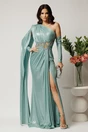 Rochie lunga verde mint mulata din lycra cu fir lurex si strasuri in talie, 1, dyfashion.ro