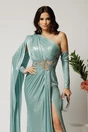 Rochie lunga verde mint mulata din lycra cu fir lurex si strasuri in talie, 3, dyfashion.ro