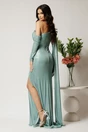 Rochie lunga verde mint mulata din lycra cu fir lurex si strasuri in talie, 2, dyfashion.ro