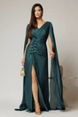Rochie lunga verde petrol de sera din voal peliculizat cu aplicatii pe talie, 1, dyfashion.ro