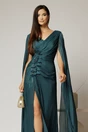 Rochie lunga verde petrol de sera din voal peliculizat cu aplicatii pe talie, 3, dyfashion.ro