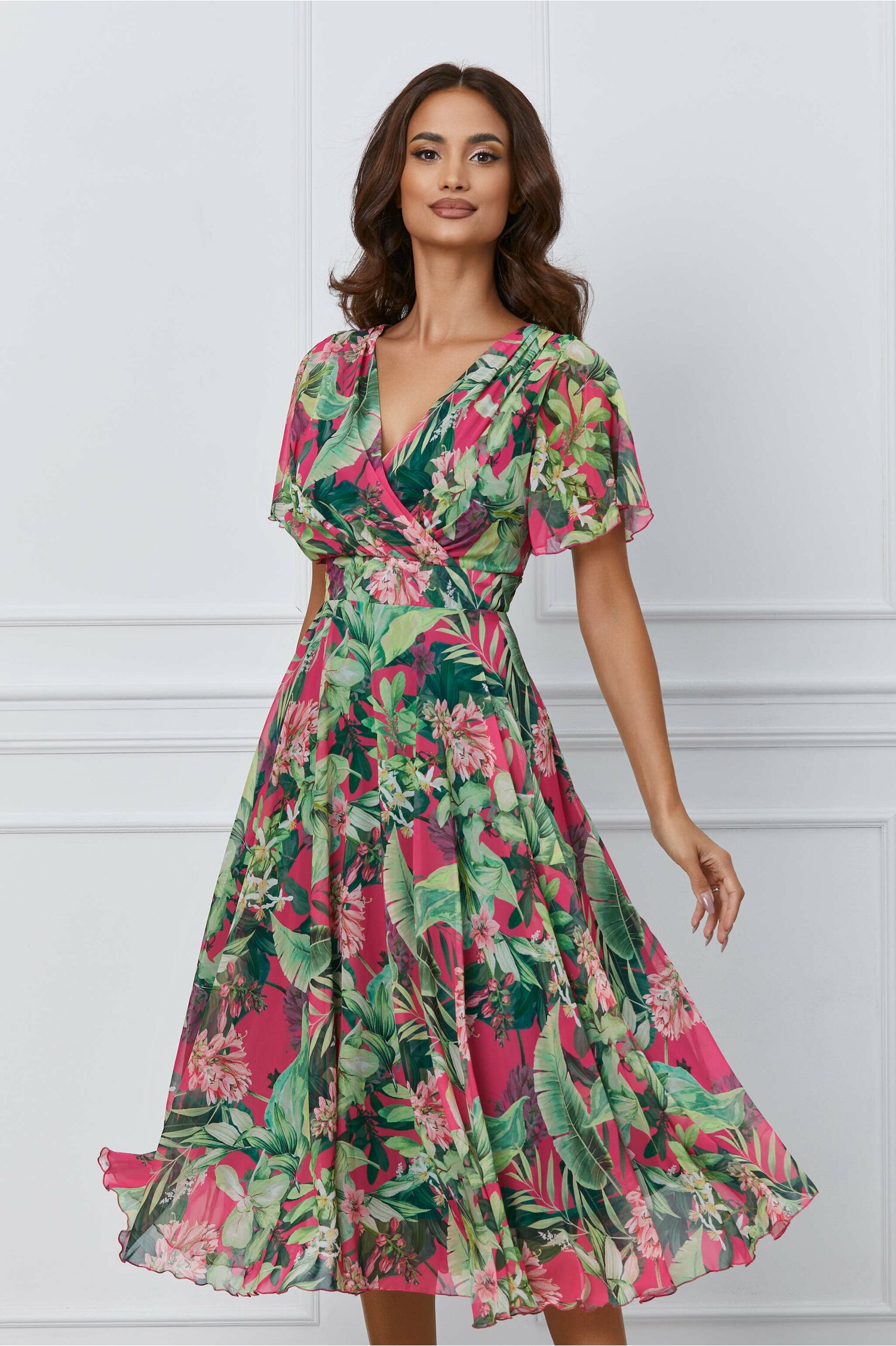 Rochie Madalina fucsia cu imprimeu floral verde