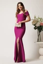 Rochie magenta lunga din stofa cu decolteu barcuta si crapatura pe picior- LaDonna, 1, dyfashion.ro
