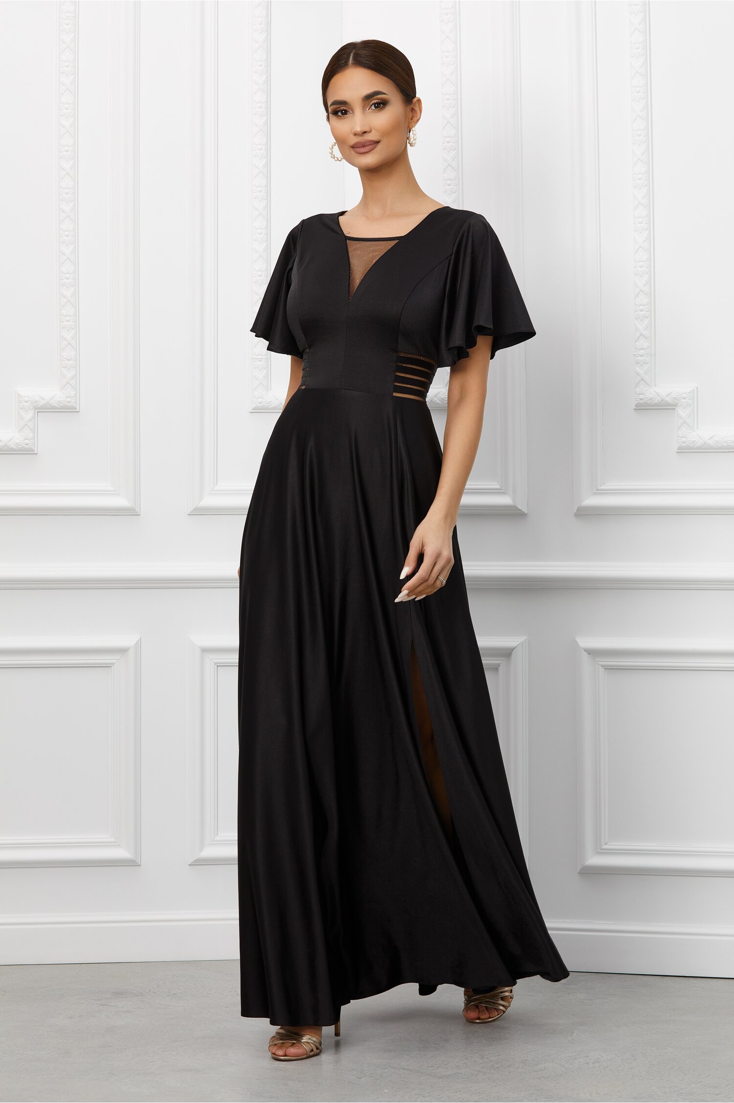 Rochie malvina neagra cu crapatura pe picior