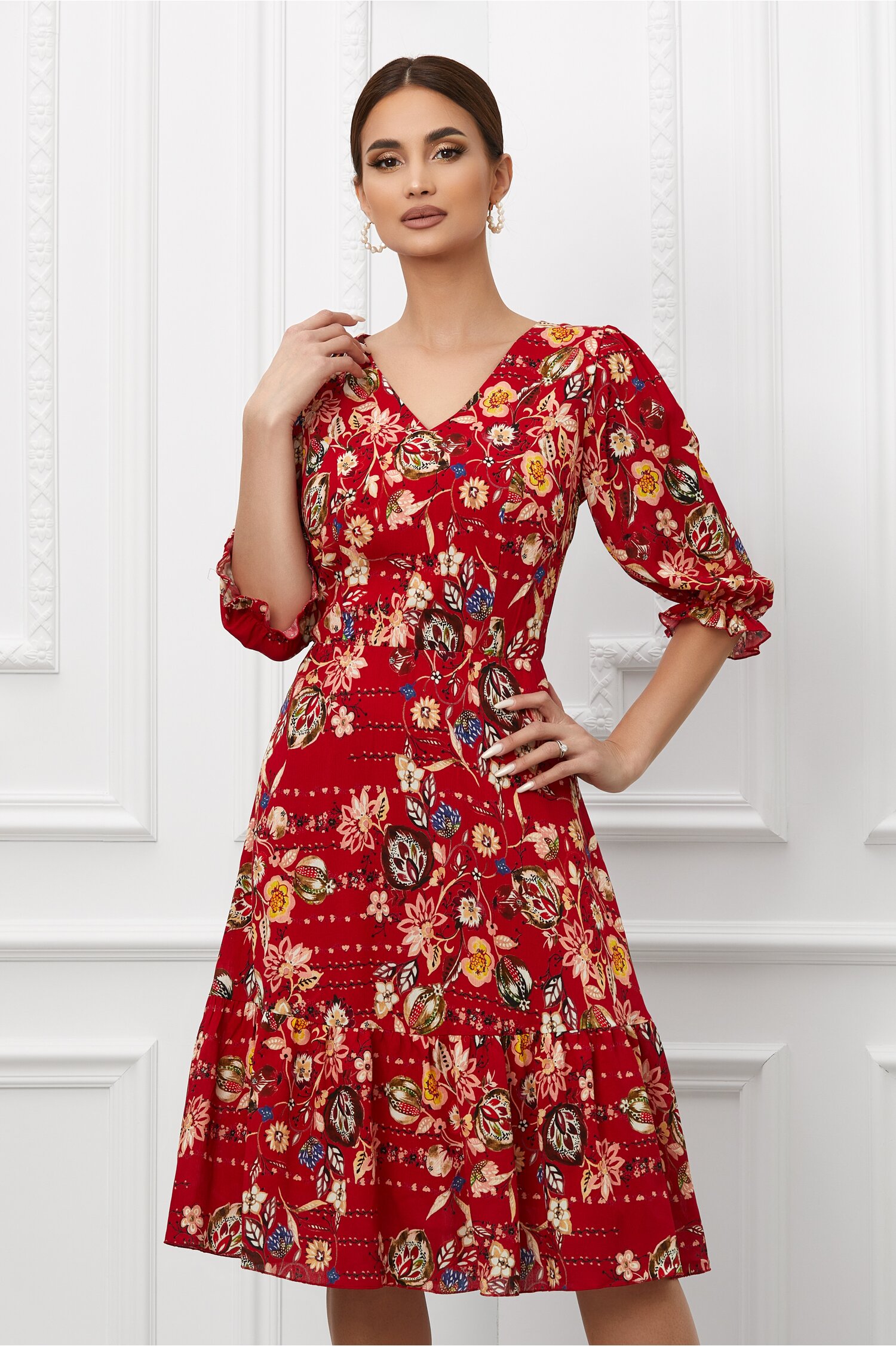 Rochie malvina rosie cu imprimeu floral