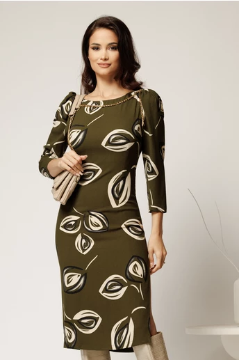 Rochie Mara kaki cu imprimeuri bej si aplicatie tip lant