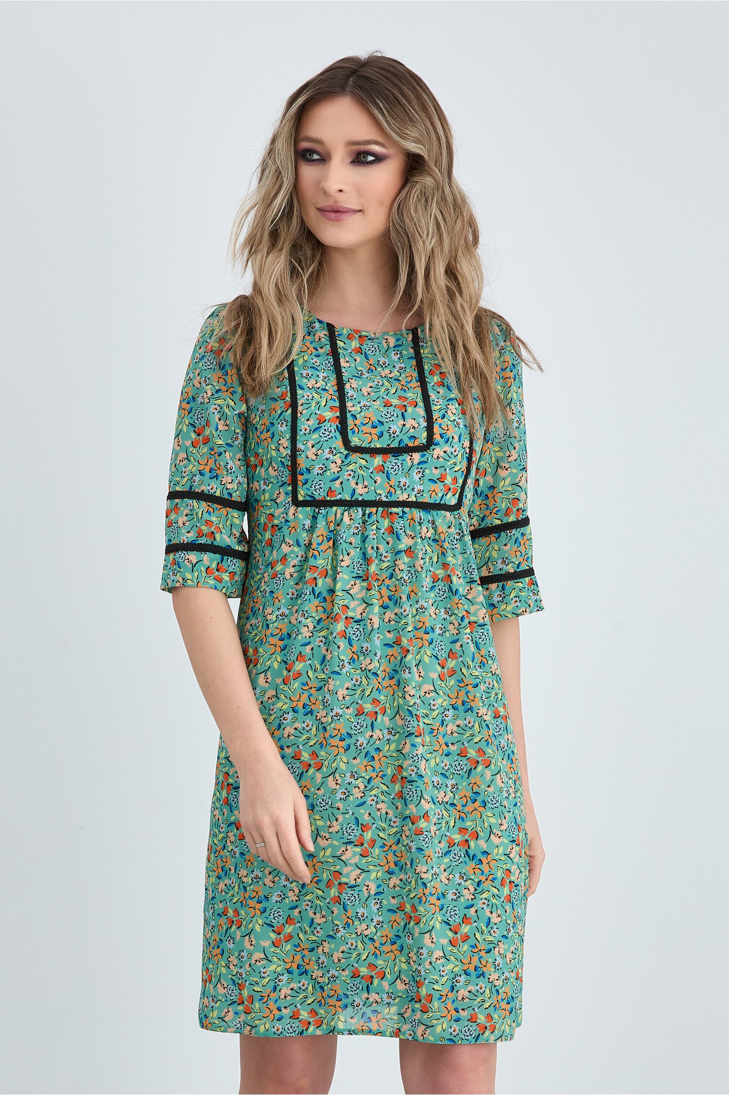 Rochie marina turcoaz cu imprimeuri florale colorate