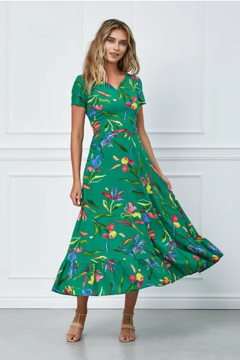 Rochie Marisol verde cu imprimeuri colorate