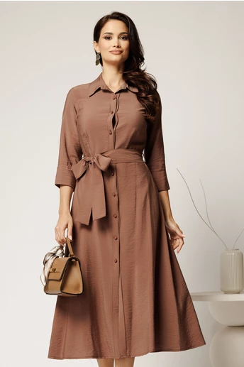 Rochie maro tip camasa din viscoza cu cordon in talie