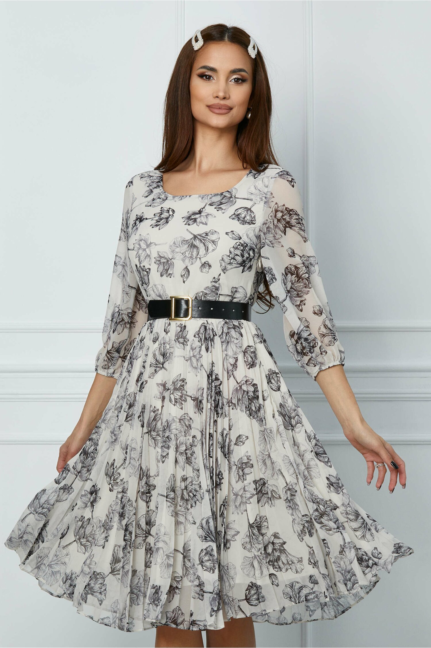 Rochie Marvina ivory cu imprimeu floral gri